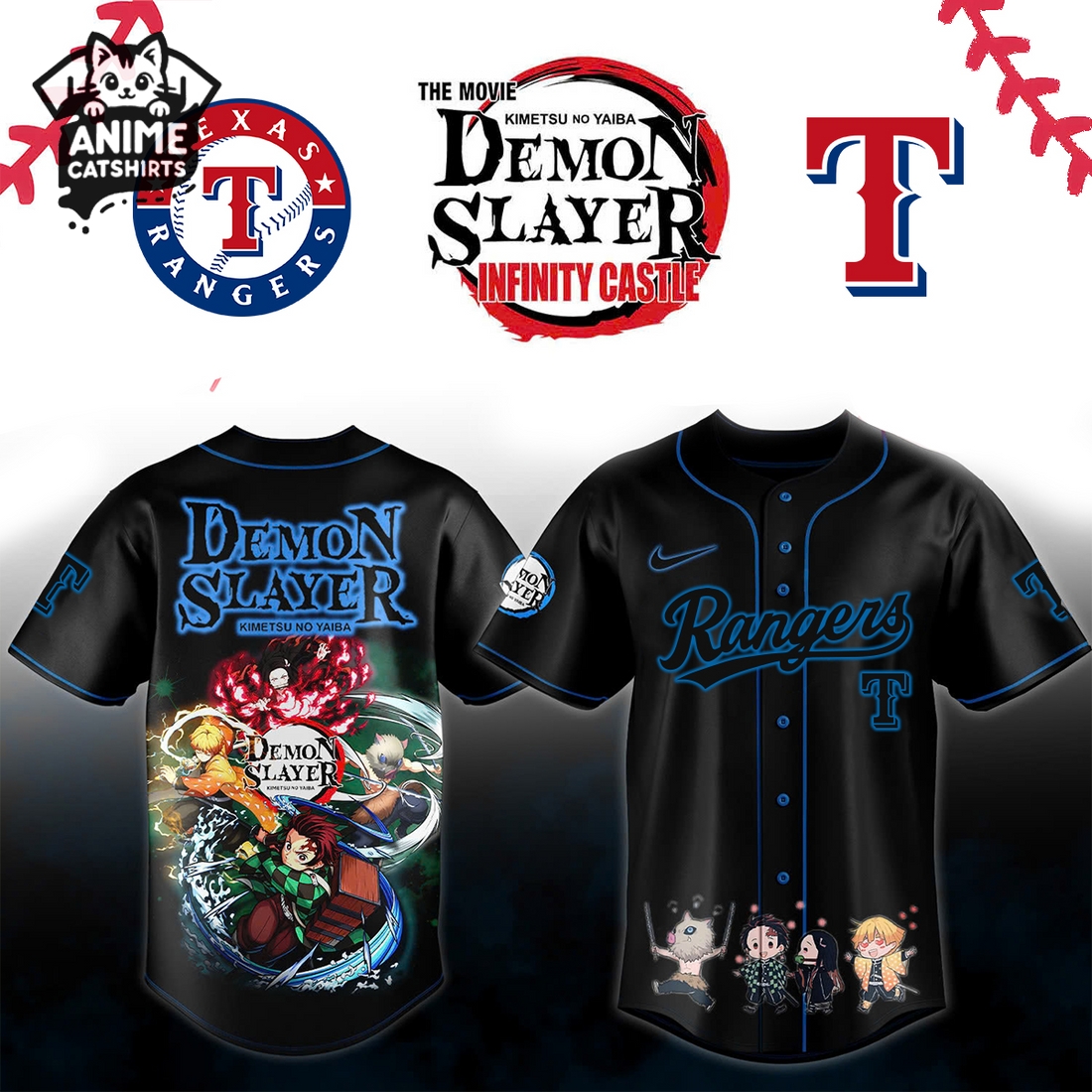 Demon Slayer Night Texas Rangers Baseball Jersey, Cap