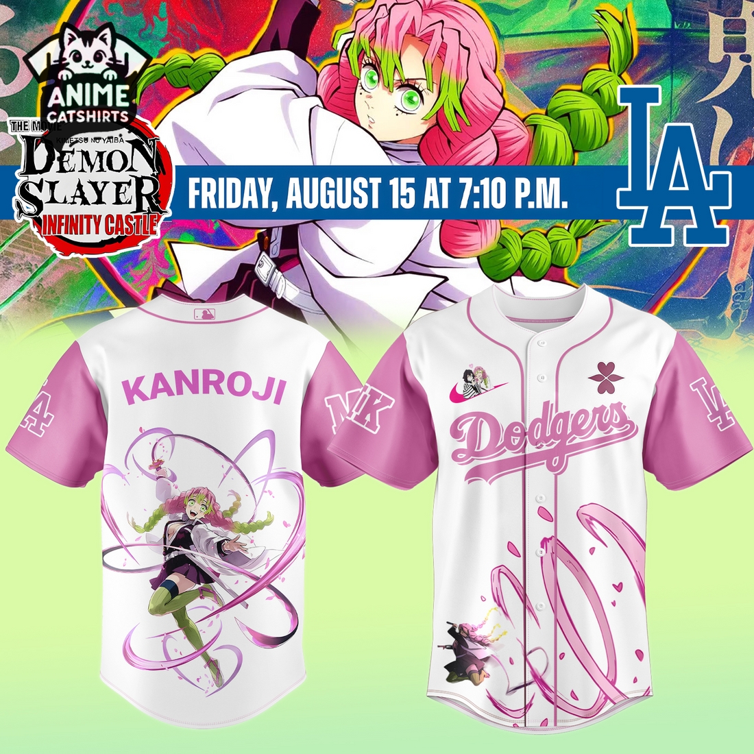 LA Dodgers 2025 Demon Slayer Mitsuri Kanroji Jersey, Cap