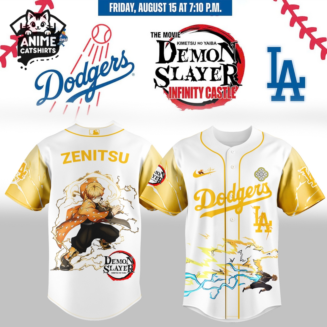 LA Dodgers x Demon Slayer Agatsuma Zenitsu Jersey, Cap