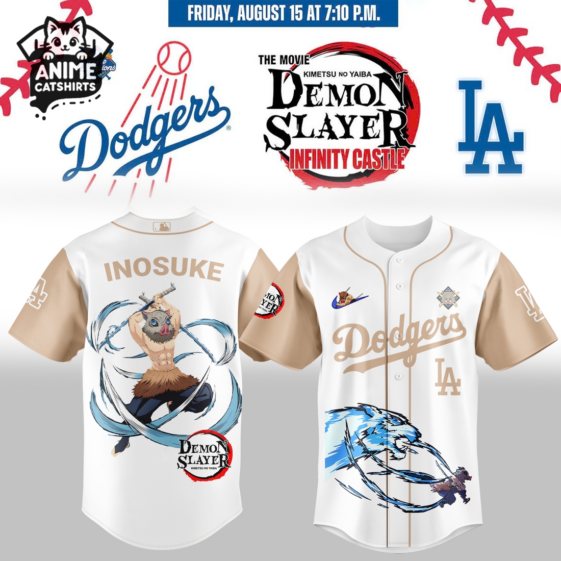 LA Dodgers x Demon Slayer Hashibira Inosuke Jersey, Cap