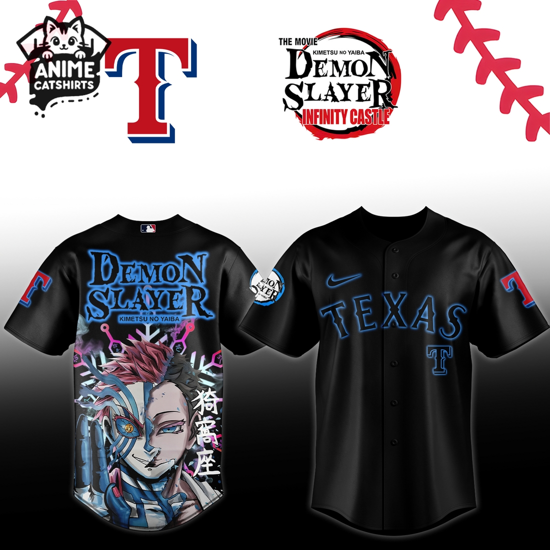 Texas Rangers Black Demon Slayer Jersey, Cap