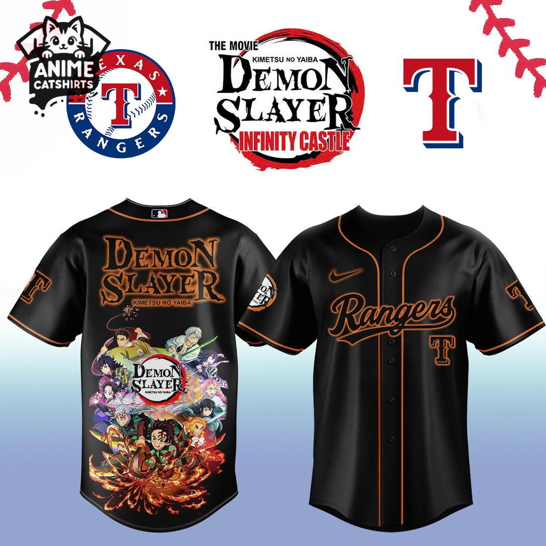 Texas Rangers x Demon Slayer Black Fantasy Jersey, Cap