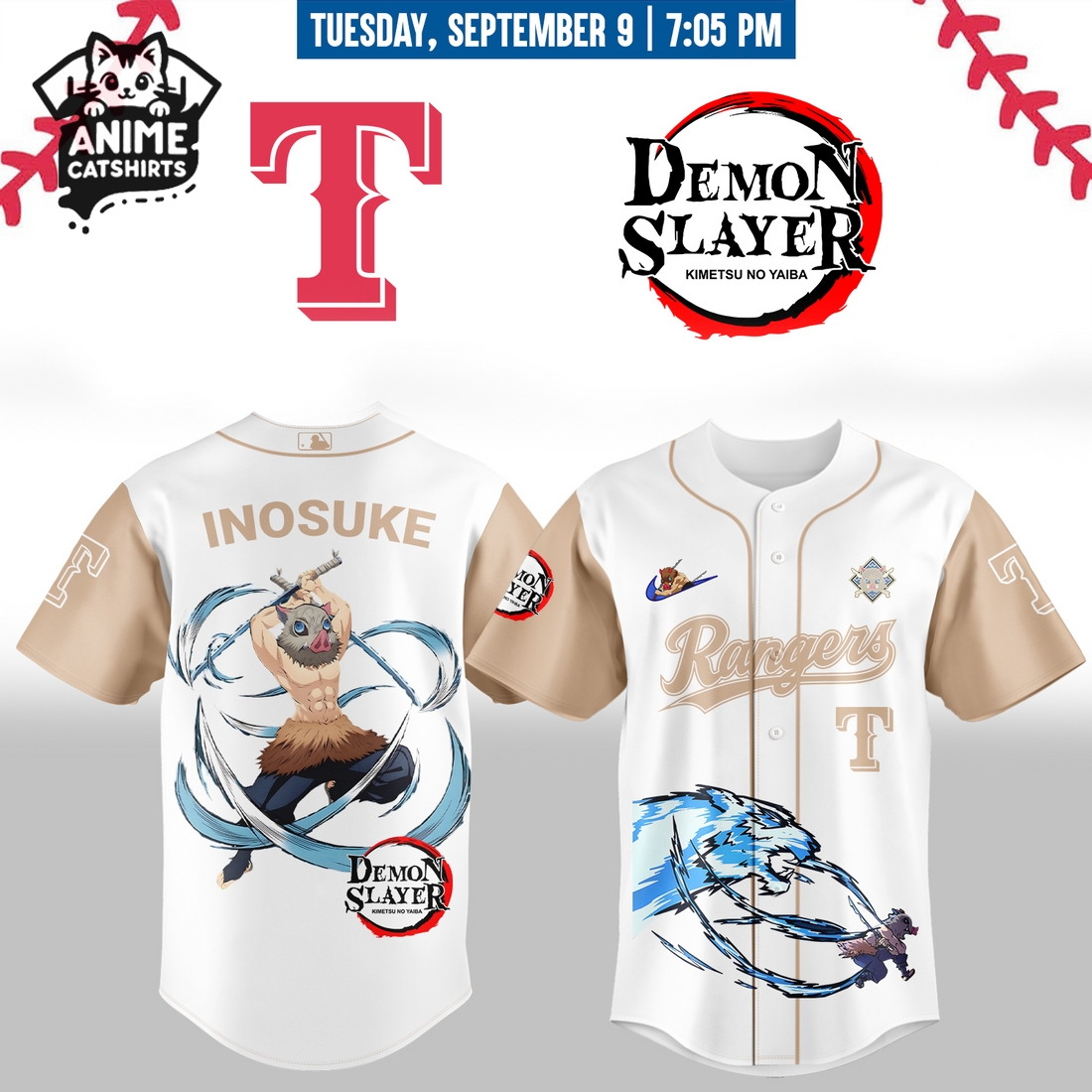 Texas Rangers x Demon Slayer Inosuke Jersey, Cap