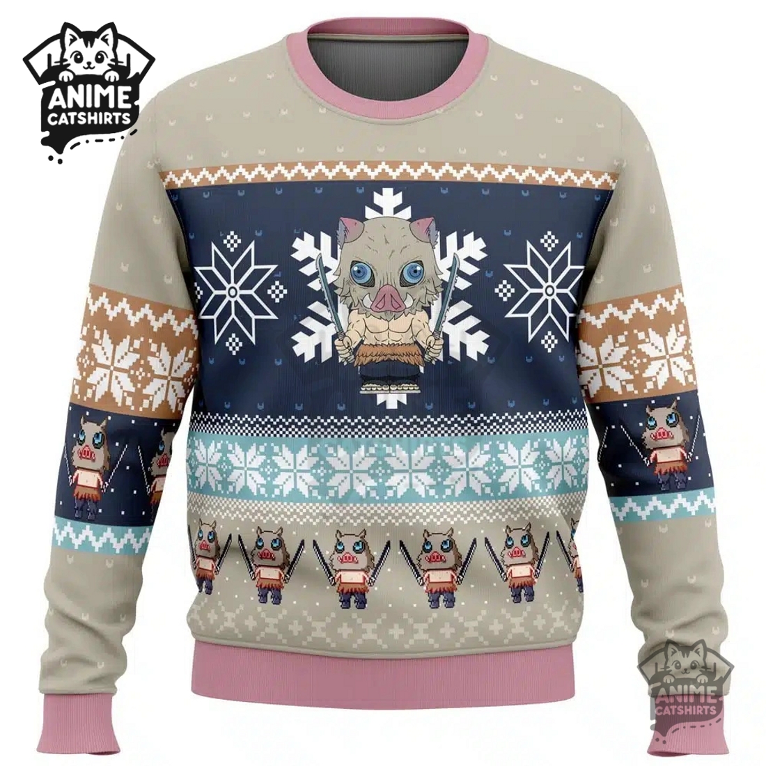Chibi Christmas Inosuke Hashibira Demon Slayer Ugly Christmas Sweatshirt