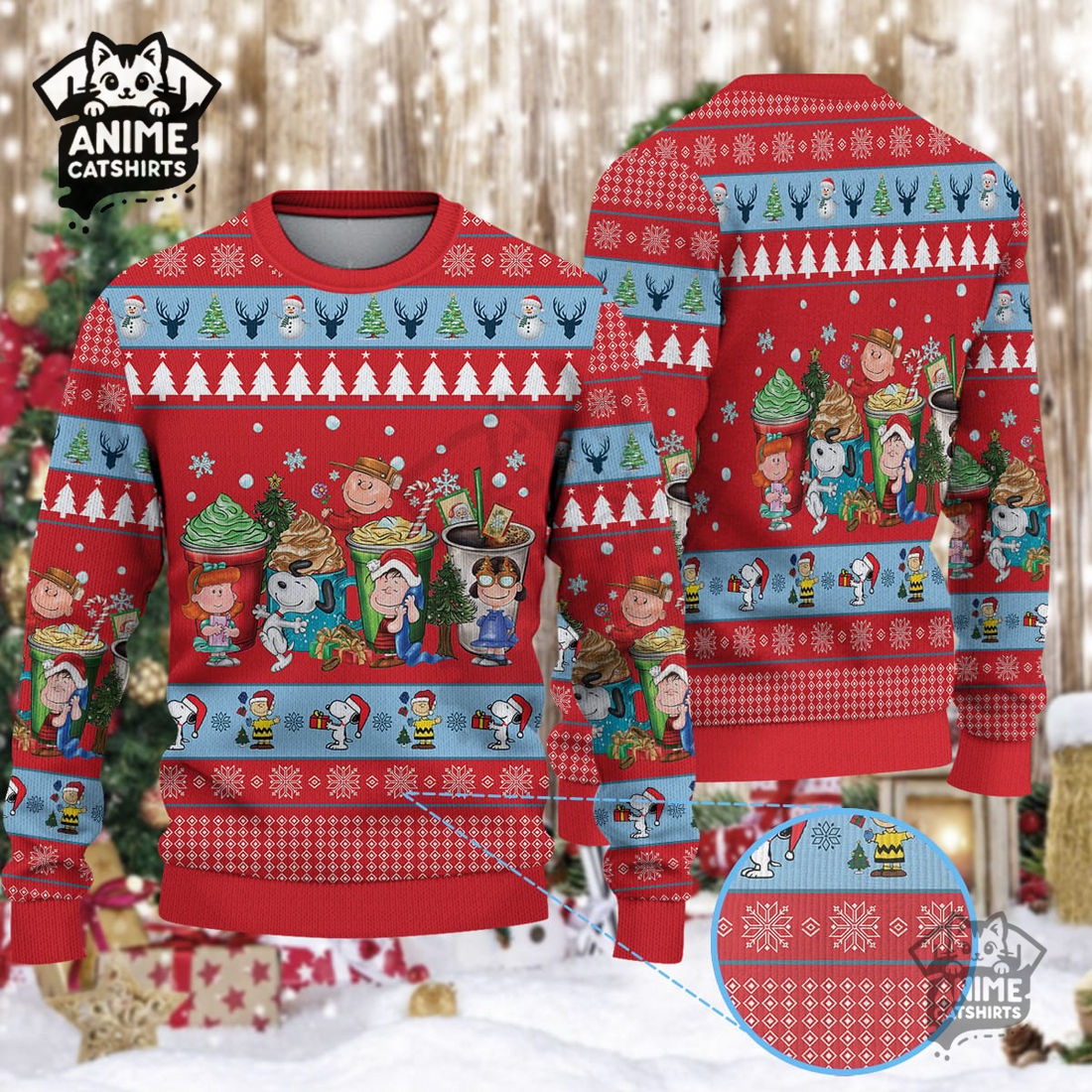 Snoopy Christmas Coffee Cups Christmas Knitted Sweater