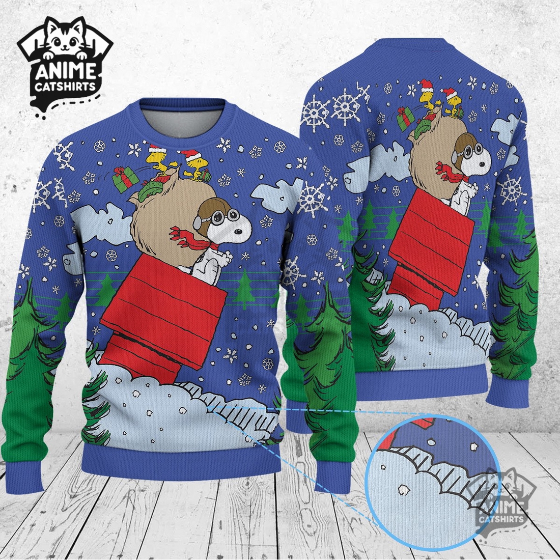 Snoopy & Woodstock In Red Baron Gear Christmas Knitted Sweater