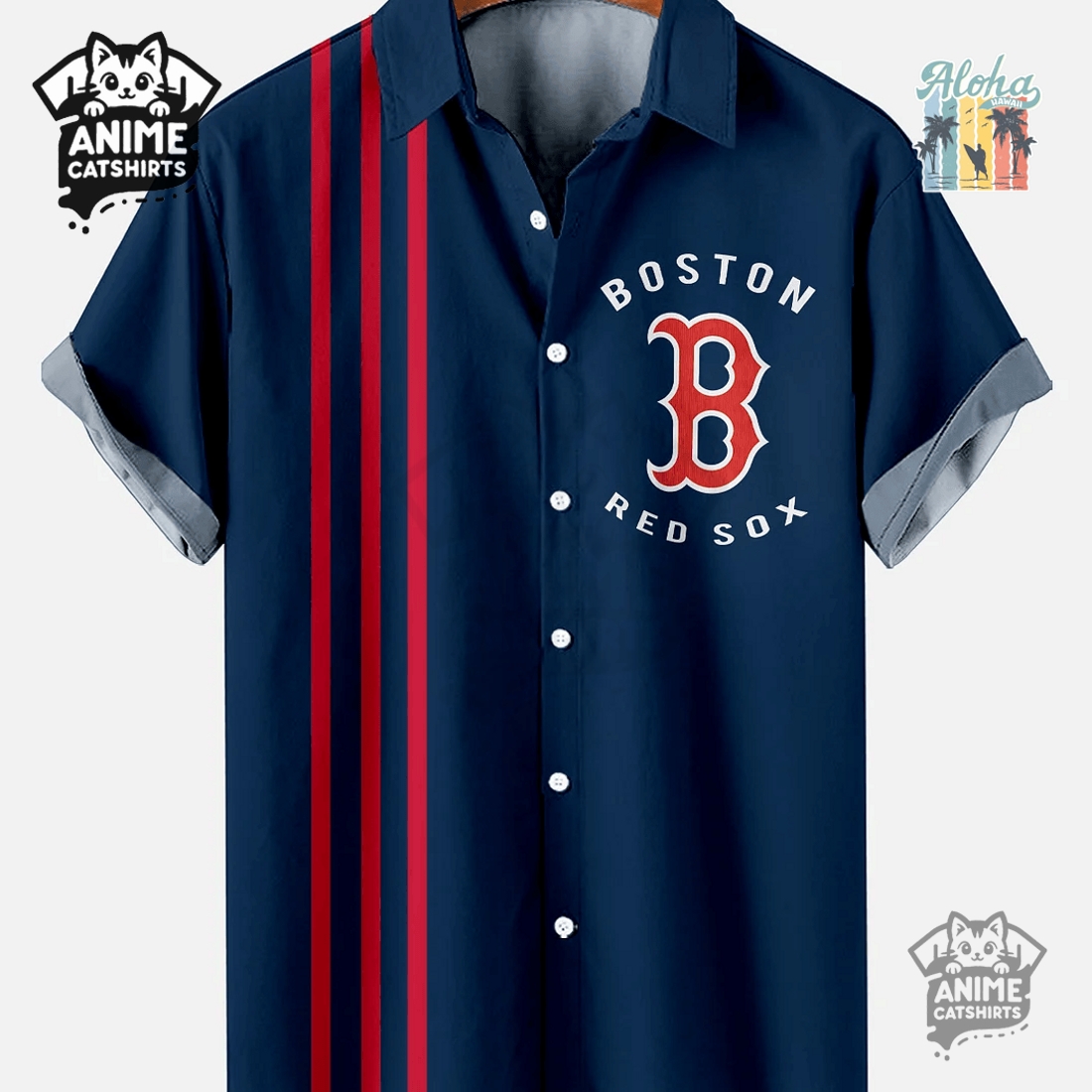 Boston Red Sox Baseball Stripe Print Short Sleeve Bowling Hawaiian Shirt