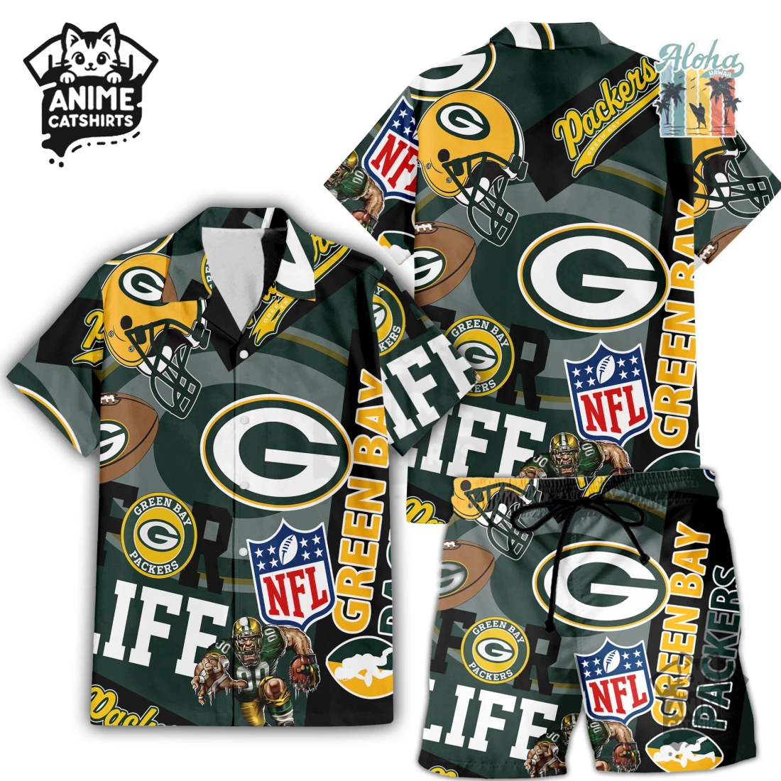 Green Bay Packers NFL Hawaiian Shirt & Shorts Set Green Bay Packers NFL Hawaiian Shirt & Shorts Set