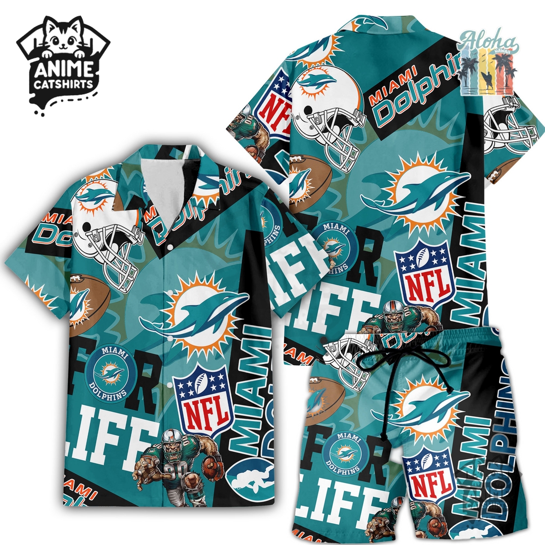 Miami Dolphins NFL Hawaiian Shirt & Shorts Set Miami Dolphins NFL Hawaiian Shirt & Shorts Set